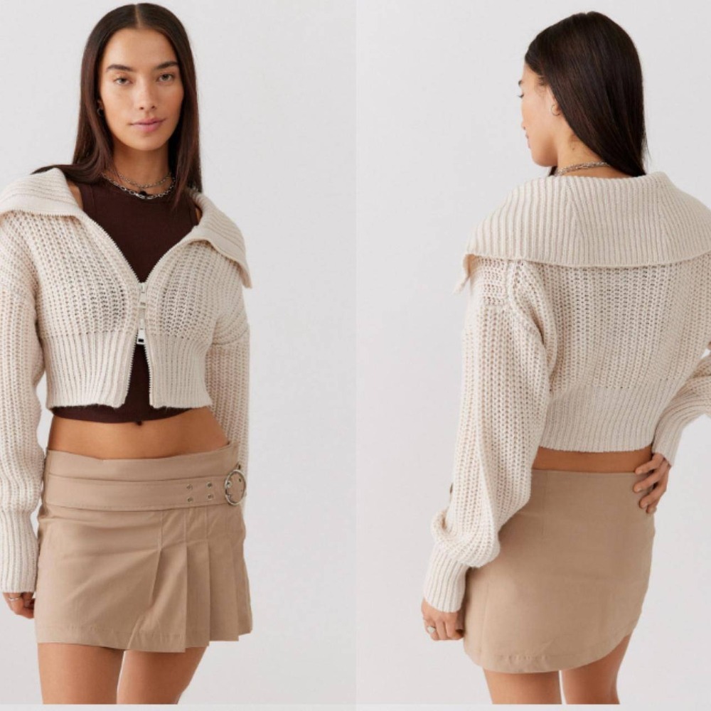 Urban Outfitters Cream Chunky Knit Zipper Cropped Sweater XS